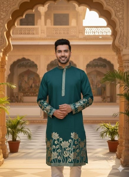 Seamless Teal Green Celebrity Silk Kurta with Gold Foil Work for Festive and Party Wear Kurta Pajama Wholesale
