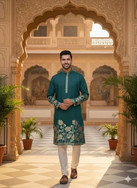 Seamless Teal Green Celebrity Silk Kurta with Gold Foil Work for Festive and Party Wear Kurta Pajama Wholesale