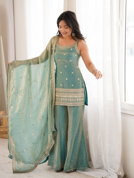 Seamless Teal Green Ethnic Suit with Back Dori Pattern and Bell Bottom Pants 