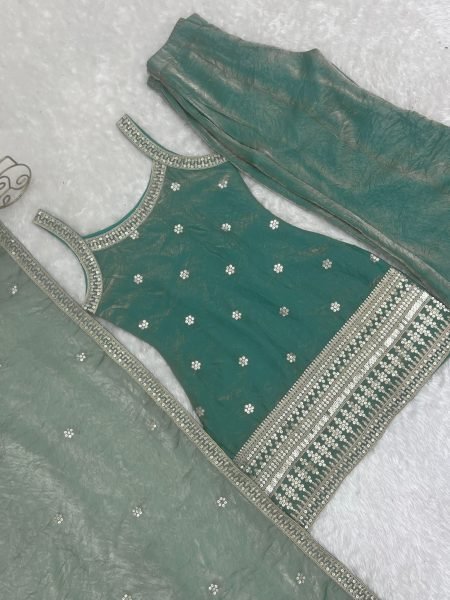 Seamless Teal Green Ethnic Suit with Back Dori Pattern and Bell Bottom Pants Ready To Wear Collection