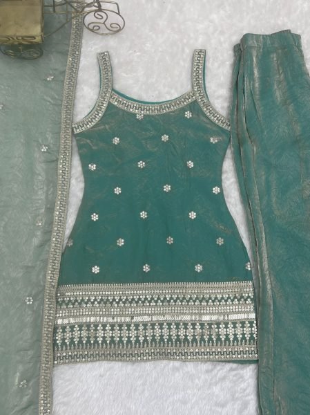 Seamless Teal Green Ethnic Suit with Back Dori Pattern and Bell Bottom Pants Ready To Wear Collection