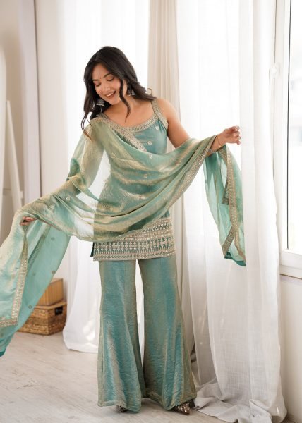 Seamless Teal Green Ethnic Suit with Back Dori Pattern and Bell Bottom Pants Ready To Wear Collection