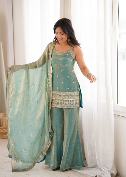 Seamless Teal Green Ethnic Suit with Back Dori Pattern and Bell Bottom Pants Ready To Wear Collection