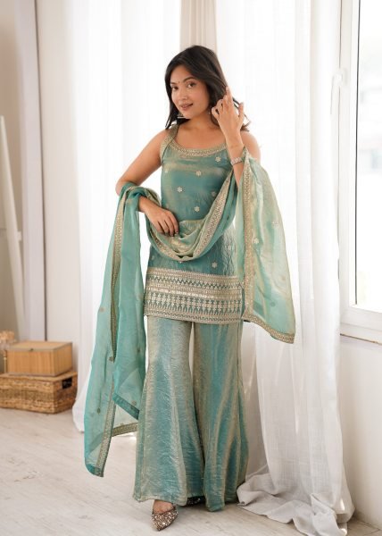Seamless Teal Green Ethnic Suit with Back Dori Pattern and Bell Bottom Pants Ready To Wear Collection