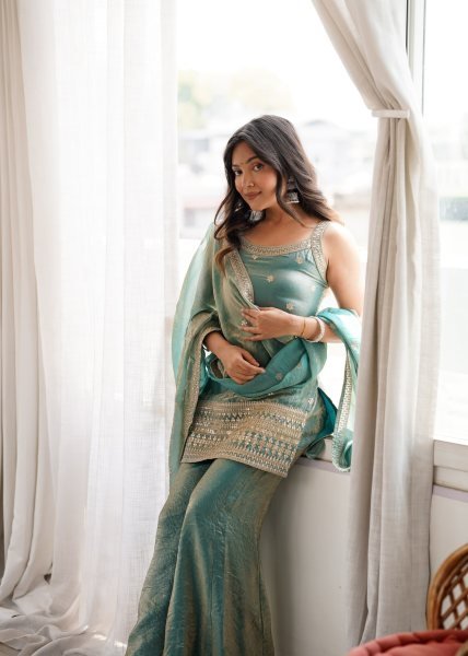 Seamless Teal Green Ethnic Suit with Back Dori Pattern and Bell Bottom Pants Ready To Wear Collection