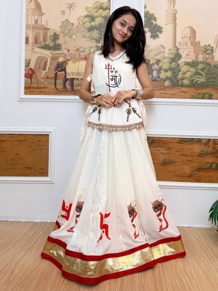 Seamless White Designer Pure Cotton Lehenga with Hand Print Work and Koti at Wholesale Rate  Lehenga