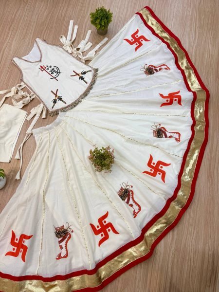 Seamless White Designer Pure Cotton Lehenga with Hand Print Work and Koti at Wholesale Rate Navratri Lehnega Choli
