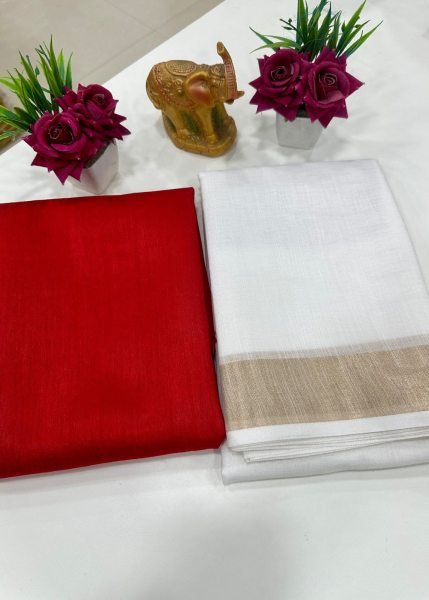 Seamless White Designer Soft Cotton Saree with Contrast Red Banglori Silk Blouse for Women Cotton Sarees Wholesale