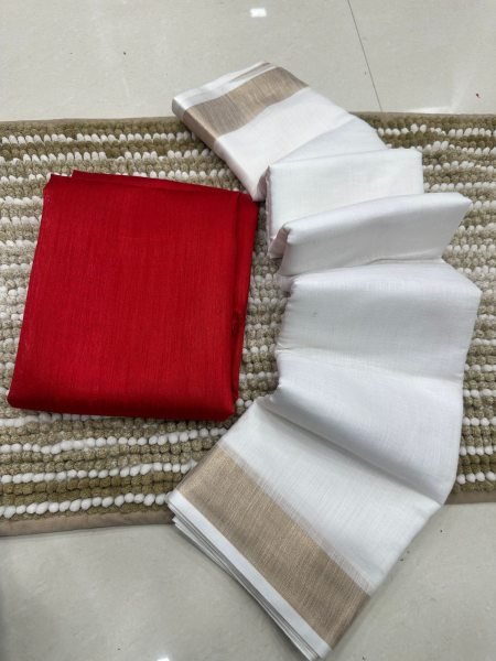 Seamless White Designer Soft Cotton Saree with Contrast Red Banglori Silk Blouse for Women Cotton Sarees Wholesale
