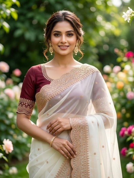 Seamless White Star Georgette Saree with Multi Embroidery Work and Contrast Blouse Sarees 