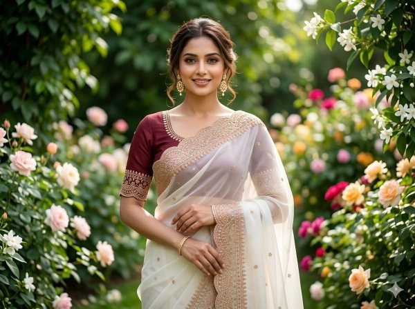 Seamless White Star Georgette Saree with Multi Embroidery Work and Contrast Blouse Embroidery Sarees Wholesale