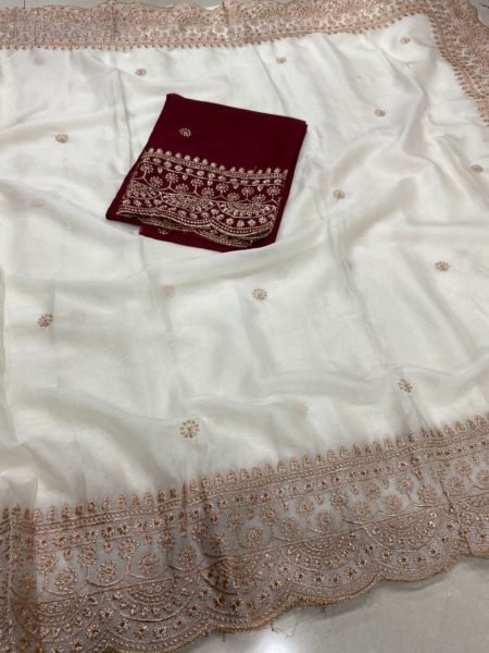 Seamless White Star Georgette Saree with Multi Embroidery Work and Contrast Blouse Embroidery Sarees Wholesale