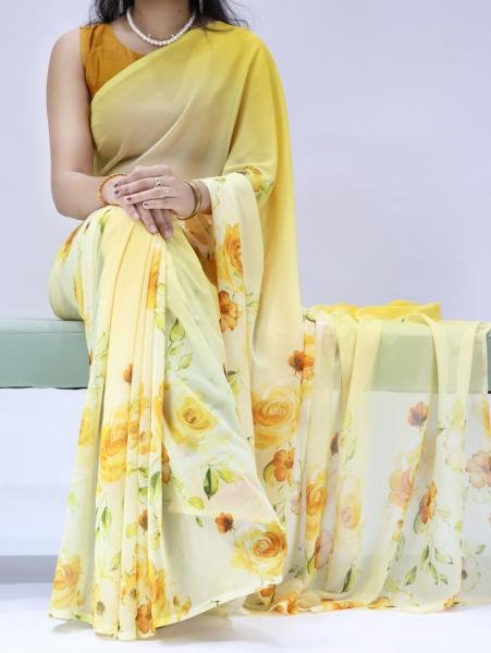 Seamless Yellow Floral Printed Saree with Silk Banglory Blouse Online Georgette Sarees Wholesale