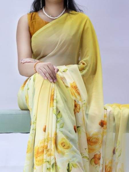Seamless Yellow Floral Printed Saree with Silk Banglory Blouse Online Georgette Sarees Wholesale