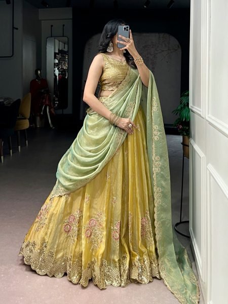 Seamless Yellow NC Moss Silk Lehenga with Sequins Thread Embroidery for Wedding Wear  Lehenga