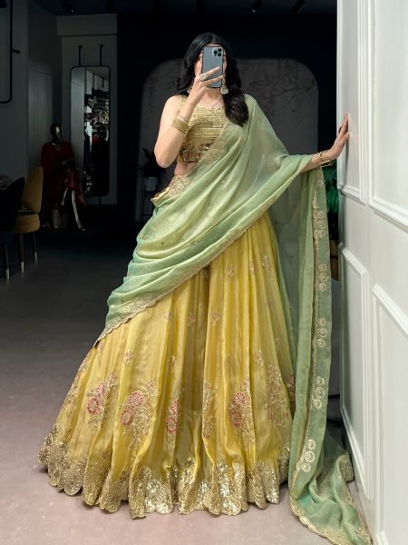 Seamless Yellow NC Moss Silk Lehenga with Sequins Thread Embroidery for Wedding Wear Designer Lehenga Choli