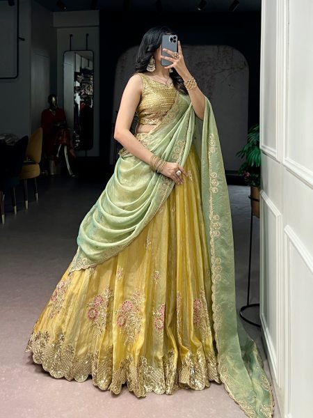 Seamless Yellow NC Moss Silk Lehenga with Sequins Thread Embroidery for Wedding Wear Designer Lehenga Choli