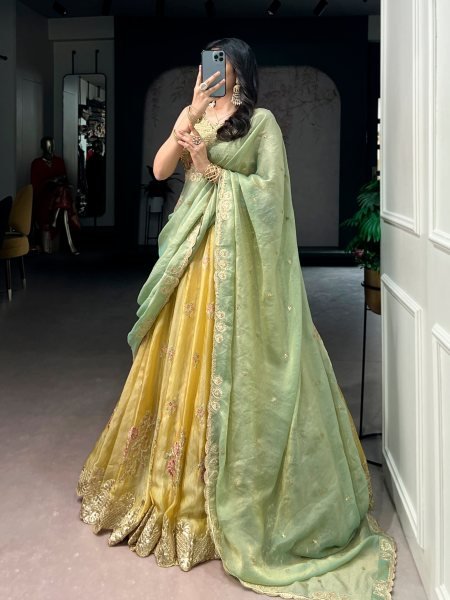 Seamless Yellow NC Moss Silk Lehenga with Sequins Thread Embroidery for Wedding Wear Designer Lehenga Choli