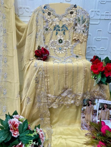 Seamless Yellow Wedding Wear Chiffon Suit with Heavy Embroidery and Cutwork at Wholesale Rate Pakistani Suits Wholesale