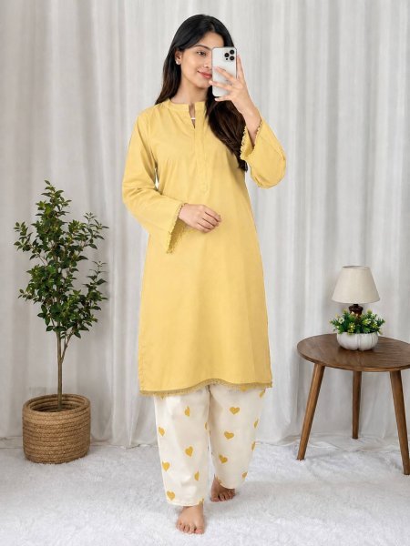 Seamless Yellow Women's Rayon Cotton Long Kurti Palazzo Set with Full Sleeves at Wholesale Rate CO ORD Sets