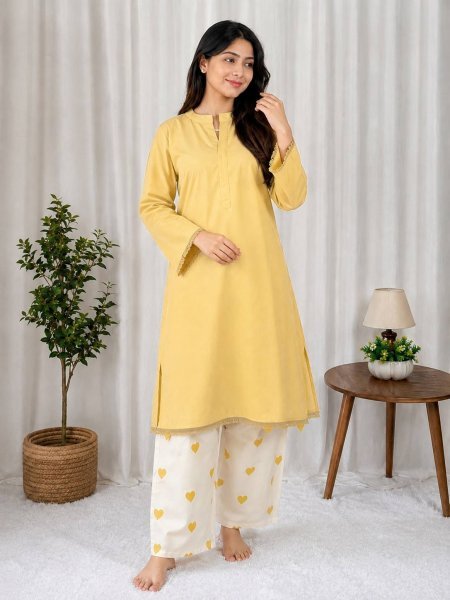 Seamless Yellow Women's Rayon Cotton Long Kurti Palazzo Set with Full Sleeves at Wholesale Rate CO ORD Sets