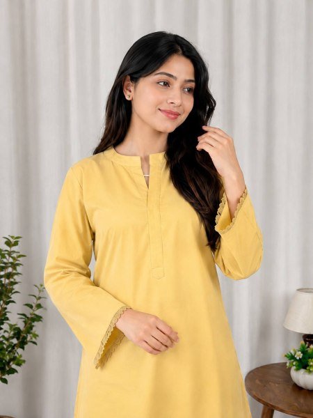 Seamless Yellow Women's Rayon Cotton Long Kurti Palazzo Set with Full Sleeves at Wholesale Rate CO ORD Sets