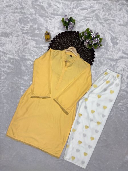 Seamless Yellow Women's Rayon Cotton Long Kurti Palazzo Set with Full Sleeves at Wholesale Rate CO ORD Sets