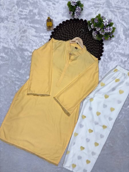 Seamless Yellow Women's Rayon Cotton Long Kurti Palazzo Set with Full Sleeves at Wholesale Rate CO ORD Sets