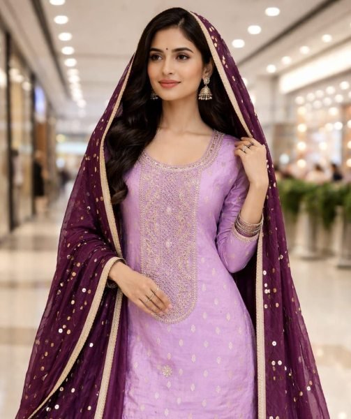 Seerat Purple Embroidered Full Sleeve Kurta with Trousers For Evening Wear Punjabi Dress Materials Wholesale