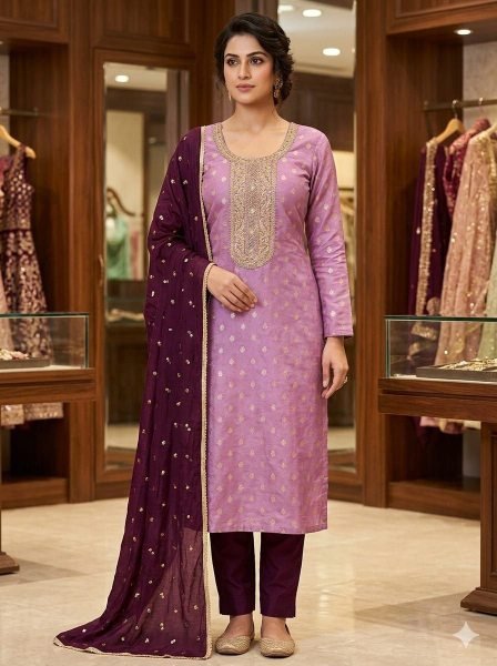 Seerat Purple Embroidered Full Sleeve Kurta with Trousers For Evening Wear Punjabi Dress Materials Wholesale