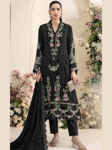 Semi Stitched Black Heavy Chiffon Suit with Khatli Work and Dupatta for Festival 