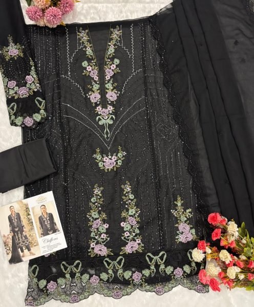 Semi Stitched Black Heavy Chiffon Suit with Khatli Work and Dupatta for Festival Pakistani Suits Wholesale