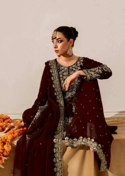 Serene Brown Coding Sequence   Moti Work Suit with Dupatta for Expoter at Wholesale Rate  Ready To Wear Collection