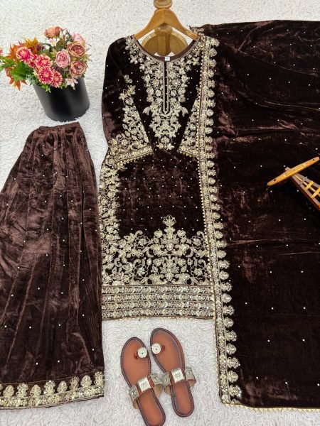 Serene Brown Coding Sequence   Moti Work Suit with Dupatta for Expoter at Wholesale Rate  Ready To Wear Collection