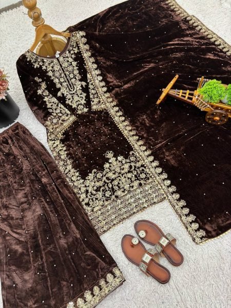 Serene Brown Coding Sequence   Moti Work Suit with Dupatta for Expoter at Wholesale Rate  Ready To Wear Collection