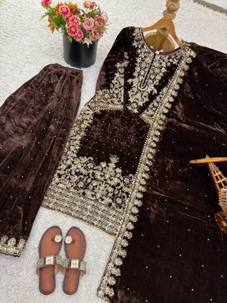 Serene Brown Coding Sequence   Moti Work Suit with Dupatta for Expoter at Wholesale Rate  Ready To Wear Collection