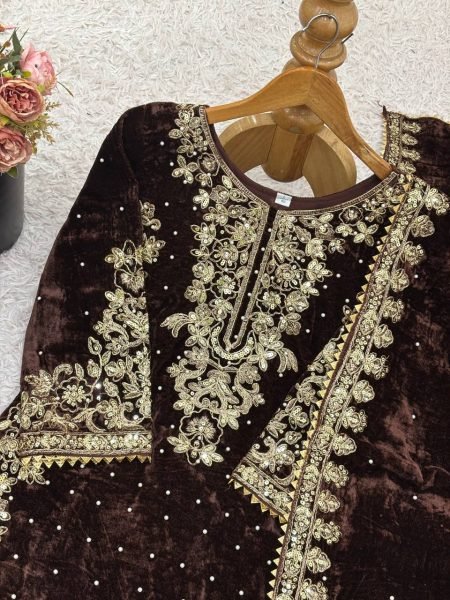 Serene Brown Coding Sequence   Moti Work Suit with Dupatta for Expoter at Wholesale Rate  Ready To Wear Collection