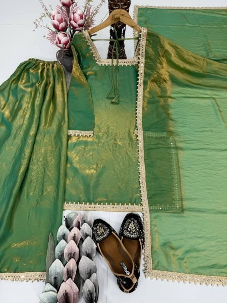 Serene Green Fendy Silk Embroidered Suit and Plazzo Set for 2025 Style Ready To Wear Collection
