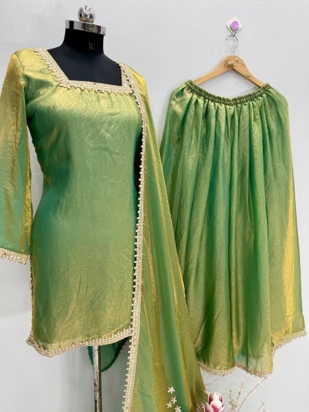 Serene Green Fendy Silk Embroidered Suit and Plazzo Set for 2025 Style Ready To Wear Collection