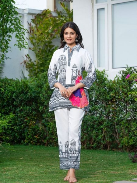 Sheher White Elegant Muslin Silk Co-ord Set with Rajasthani Art & Subtle Contrast CO ORD Sets