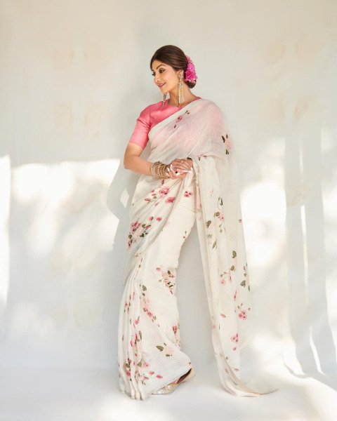Shilpa Shetty Digital Print Linen Silk Saree Summer Best Offer Bollywood Fancy Sarees Wholesale