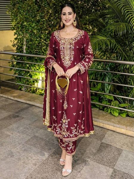 Shimmer Burgundy 3mm Rainbow Sequence Stylish Embroidered Roman Glass Silk Kurti Plazzo And Dupatta 