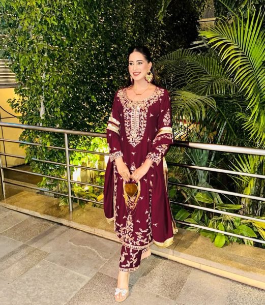 Shimmer Burgundy 3mm Rainbow Sequence Stylish Embroidered Roman Glass Silk Kurti Plazzo And Dupatta Ready To Wear Collection