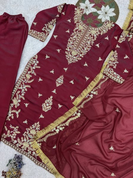 Shimmer Burgundy 3mm Rainbow Sequence Stylish Embroidered Roman Glass Silk Kurti Plazzo And Dupatta Ready To Wear Collection