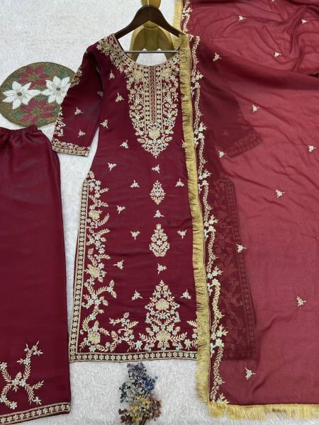 Shimmer Burgundy 3mm Rainbow Sequence Stylish Embroidered Roman Glass Silk Kurti Plazzo And Dupatta Ready To Wear Collection
