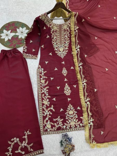 Shimmer Burgundy 3mm Rainbow Sequence Stylish Embroidered Roman Glass Silk Kurti Plazzo And Dupatta Ready To Wear Collection