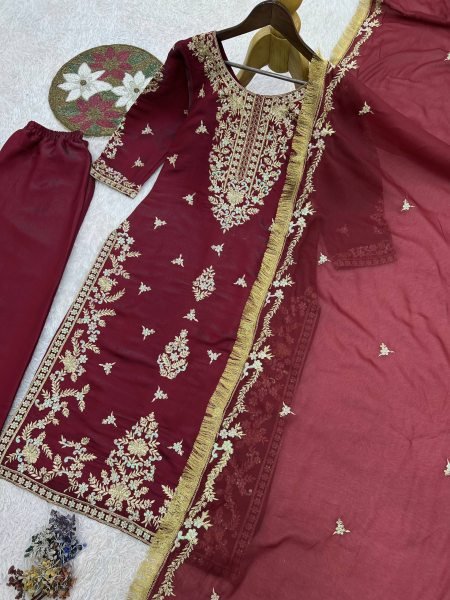 Shimmer Burgundy 3mm Rainbow Sequence Stylish Embroidered Roman Glass Silk Kurti Plazzo And Dupatta Ready To Wear Collection