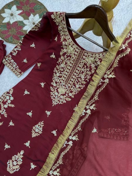 Shimmer Burgundy 3mm Rainbow Sequence Stylish Embroidered Roman Glass Silk Kurti Plazzo And Dupatta Ready To Wear Collection