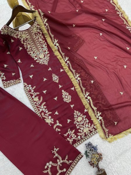 Shimmer Burgundy 3mm Rainbow Sequence Stylish Embroidered Roman Glass Silk Kurti Plazzo And Dupatta Ready To Wear Collection