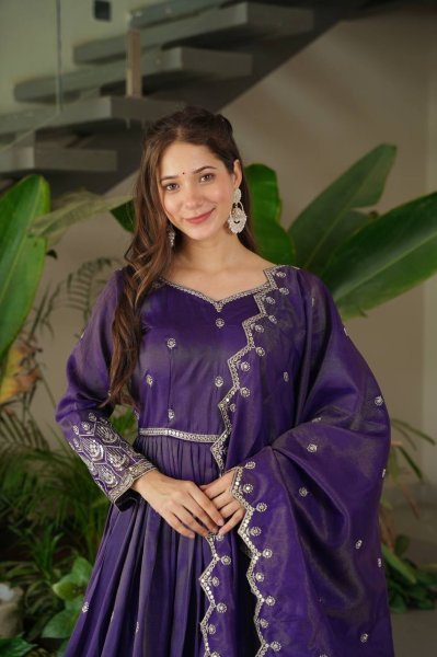 Shimmer Silk Purple Pink Gown Set with Dupatta Indian Ethnic Party Dress Anarkali Kurtis 